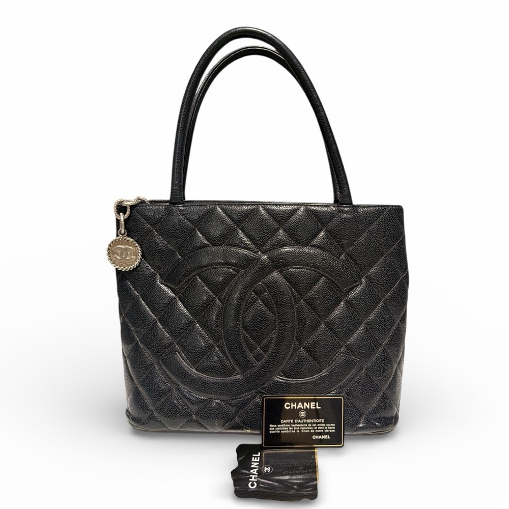 Chanel Series 6 Caviar Quilted Silver Medallion Leather Tote Bag with Black Card